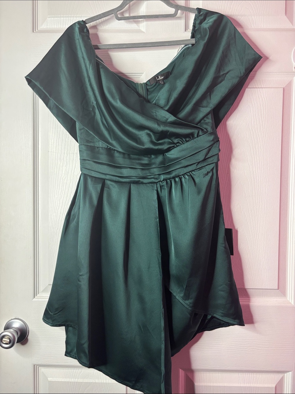 Lulus Always Celebrating Dark Green Satin Off Shoulder Mini Dress L NWT